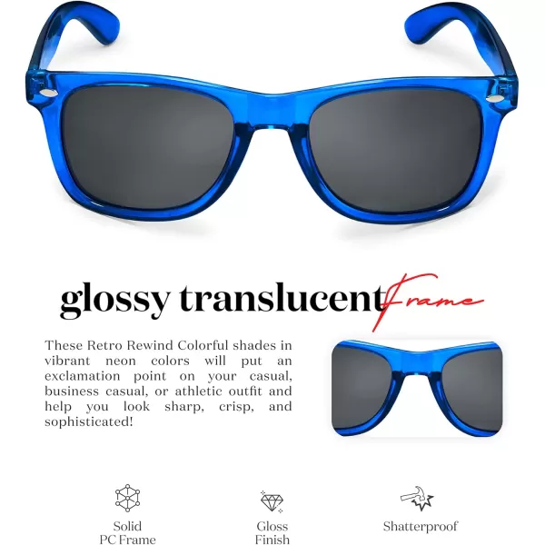 Retro Rewind Translucent Frame Colorful Neon 80s Mirrored Sunglasses for Men WomenTranslucent Royal Blue  Smoke