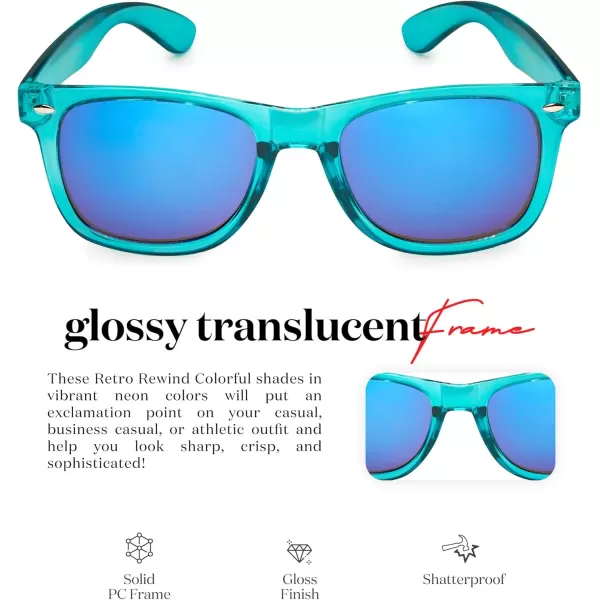 Retro Rewind Translucent Frame Colorful Neon 80s Mirrored Sunglasses for Men WomenTranslucent Turquoise  Blue Mirror Lens