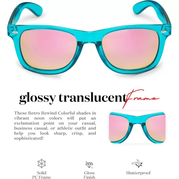 Retro Rewind Translucent Frame Colorful Neon 80s Mirrored Sunglasses for Men WomenTranslucent Turquoise  Revo Rose Gold Mirror
