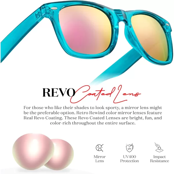 Retro Rewind Translucent Frame Colorful Neon 80s Mirrored Sunglasses for Men WomenTranslucent Turquoise  Revo Rose Gold Mirror