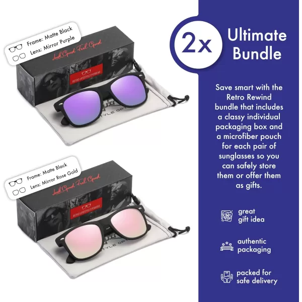 Retro Rewind Classic Polarized Sunglasses for Men Women UV400 Stylish Trendy Unisex Sun Glasses2pack Mirror Purple  Mirror Rose Gold
