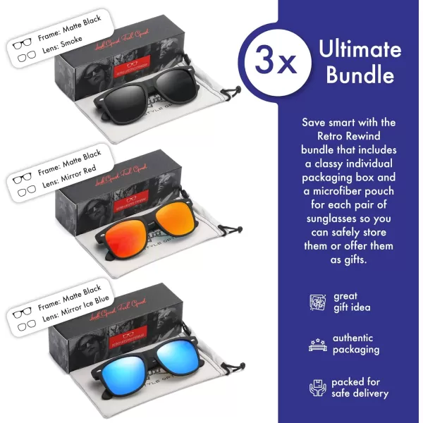 Retro Rewind Classic Polarized Sunglasses for Men Women UV400 Stylish Trendy Unisex Sun Glasses3pack Black Smoke  Mirror Red  Mirror Ice Blue