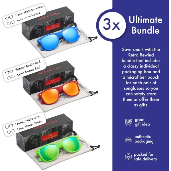 Retro Rewind Classic Polarized Sunglasses for Men Women UV400 Stylish Trendy Unisex Sun Glasses3pack Color Mirror Royal Blue  Red  Lime