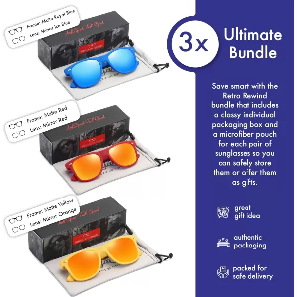 Retro Rewind Classic Polarized Sunglasses for Men Women UV400 Stylish Trendy Unisex Sun Glasses3pack Color Mirror Royal Blue  Red  Yellow