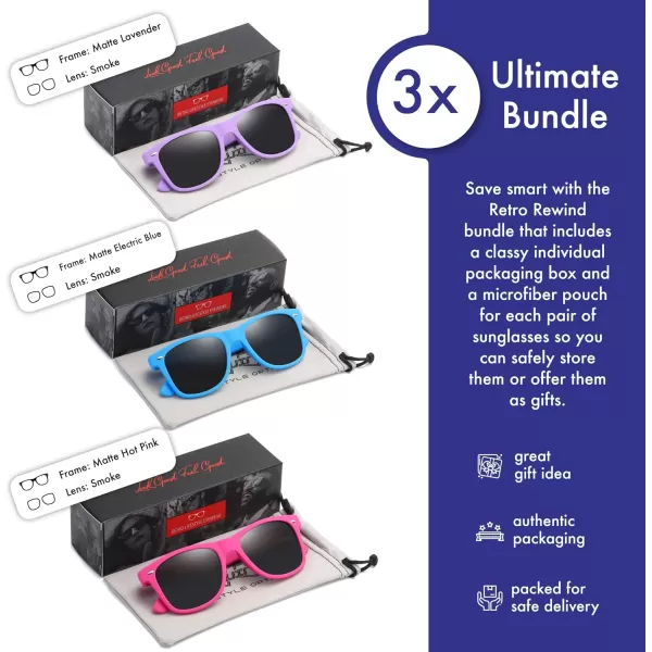 Retro Rewind Classic Polarized Sunglasses for Men Women UV400 Stylish Trendy Unisex Sun Glasses3pack Lavender  Electric Blue  Hot Pink