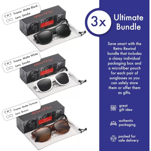 Retro Rewind Classic Polarized Sunglasses for Men Women UV400 Stylish Trendy Unisex Sun Glasses3pack Matte Black  Matte White  Tortoise