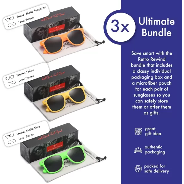 Retro Rewind Classic Polarized Sunglasses for Men Women UV400 Stylish Trendy Unisex Sun Glasses3pack Tangerine  Yellow  Lime
