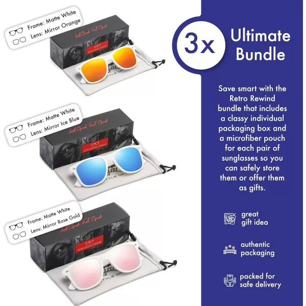 Retro Rewind Classic Polarized Sunglasses for Men Women UV400 Stylish Trendy Unisex Sun Glasses3pack White Mirror Orange  Mirror Ice Blue  Mirror Rose Gold