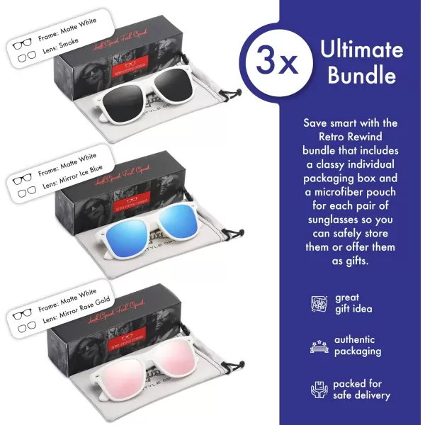 Retro Rewind Classic Polarized Sunglasses for Men Women UV400 Stylish Trendy Unisex Sun Glasses3pack White Smoke  Mirror Ice Blue  Mirror Rose Gold