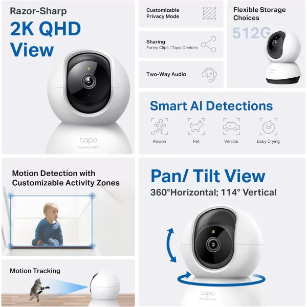 TPLink Tapo 2K QHD PanTilt WiFi Camera  Apple HomeKit  Physical Privacy Mode  Color Night Vision  Motion Tracking  2Way Audio  LocalCloud Storage  Works wAlexaampampGoogle Home  Tapo C225White