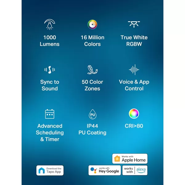 TPLink Tapo Smart LED Light Strip 16M RGB Colors SynctoSound 656 Ft4 Rolls of 164ft Works wAlexa ampamp Google Home Trimmable No Hub Required 24GHz Tapo L90020RGBIC  White LEDs 1000 lm