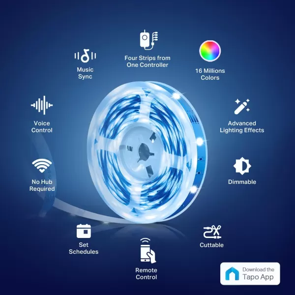 TPLink Tapo Smart LED Light Strip 16M RGB Colors SynctoSound 656 Ft4 Rolls of 164ft Works wAlexa ampamp Google Home Trimmable No Hub Required 24GHz Tapo L90020RGB LED