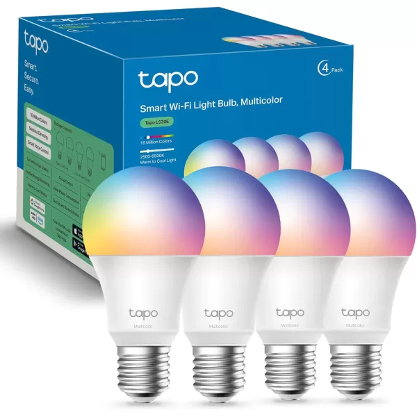 TPLink Tapo Smart Light Bulbs 16M Colors RGBW Dimmable Compatible with Alexa and Google Home A19 60W Equivalent 800LM CRIampgt90 24GHz WiFi only No Hub Required Tapo L530E4Pack800LM  Works w Alexa  Google