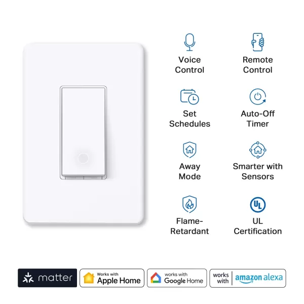 TPLink Tapo Smart Light Switch Matter Compatible Single Pole Neutral Wire Required Voice Control wSiri Alexa ampamp Google Home UL Certified Timer ampamp Schedule Guided Install Tapo S5052PackMatter Compatible
