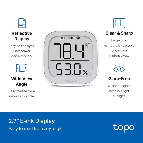 TPLink Tapo Smart Temperature and Humidity Monitor  Requires Tapo Hub  27quot EInk Display  SwissMade Sensor  LongLasting Performance  RealTime Notification  Visual Graphics  Tapo T315Temperature Sensor w Display  Hub Bundle