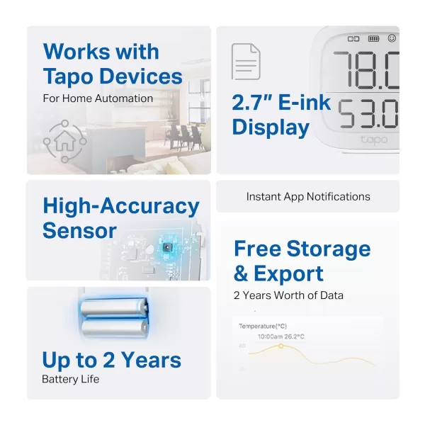 TPLink Tapo Smart Temperature and Humidity Monitor  Requires Tapo Hub  27quot EInk Display  SwissMade Sensor  LongLasting Performance  RealTime Notification  Visual Graphics  Tapo T315Temperature Sensor w Display  Hub Bundle