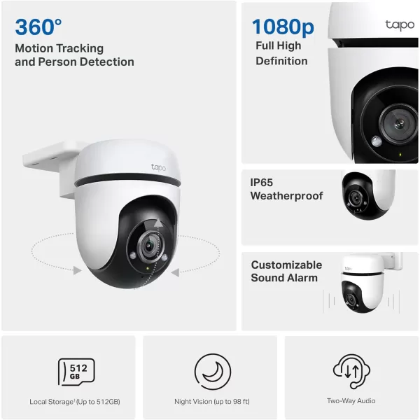 Tapo 1080P Outdoor Wired PanTilt Security WiFi Camera 360 View Motion Tracking Works with Alexa ampamp Google Home Night Vision Free AI Detection Cloud ampamp SD Card Storageup to 512GB Tapo C5001080P