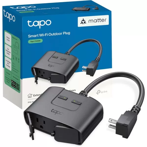 TPLink Tapo Matter Outdoor Smart Plug 2 Individual outlets IP65 Weather Resistance Works with Apple Home Alexa Google Home Long WiFi Range 24G WiFi Only ETL CertifiedTapo P400M