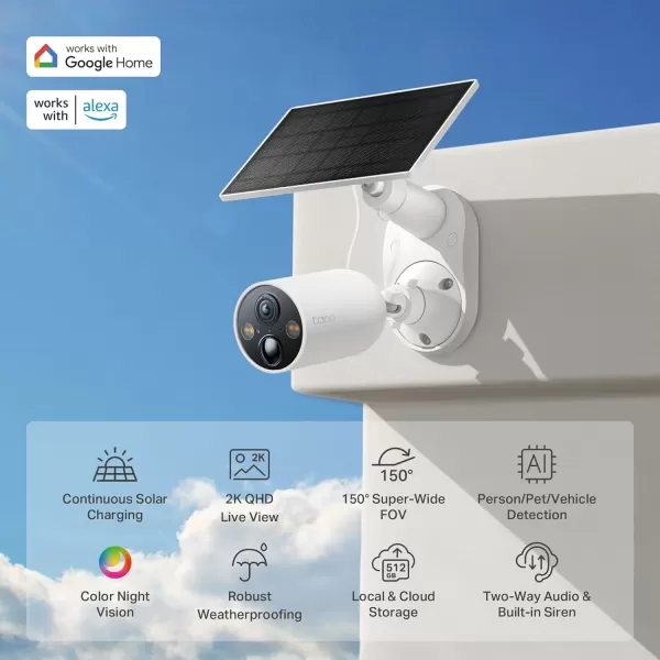 TPLink  SolarCam C402 Kit Outdoor Battery Camera wSolar Panel Base Wireless 1080P Free PersonVehicle Detection SDCloud Storage Color Night Vision No Hub Needed Works wAlexaSolarCam 2K