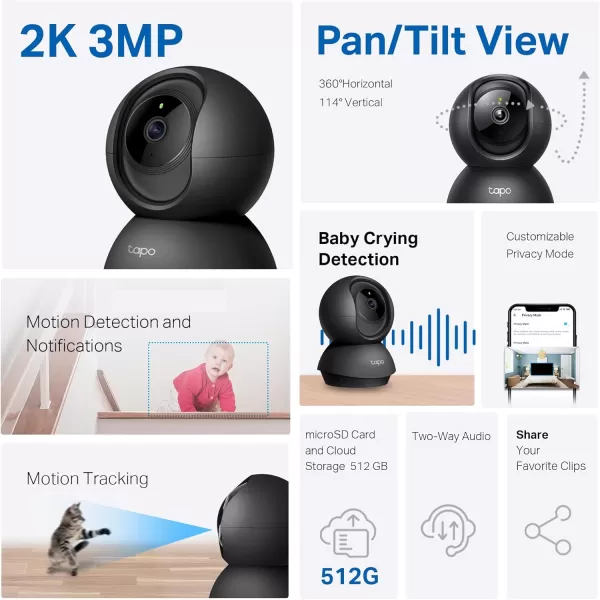 Tapo TPLink 2K PanTilt Indoor Security Camera for Baby Monitor Pet Camera  Motion Detection ampamp Tracking  2Way Audio  Cloud ampamp SD Card Storage  Works wAlexa ampamp Google Home  Black C211Black