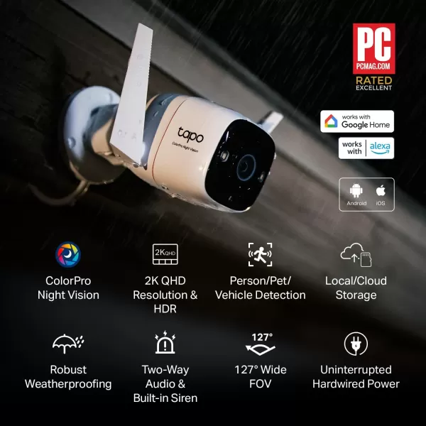 Tapo TPLink ColorPro WiFi Outdoor Camera  Plugin  Daylight Clarity at Night  2K QHD  PersonPetVehicle Detection  LocalCloud Storage  127 FOV  Builtin Siren C325WB2K Color Pro