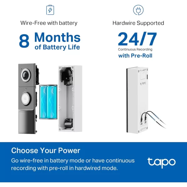 Tapo TPLink Video Doorbell  Battery or Wired  180 UltraWide HeadtoToe View  Ring Call  2K QHD  Free PackagePerson Detection  Local ampamp Cloud Storage  Full Color Night Vision D225Battery Powered  Wired