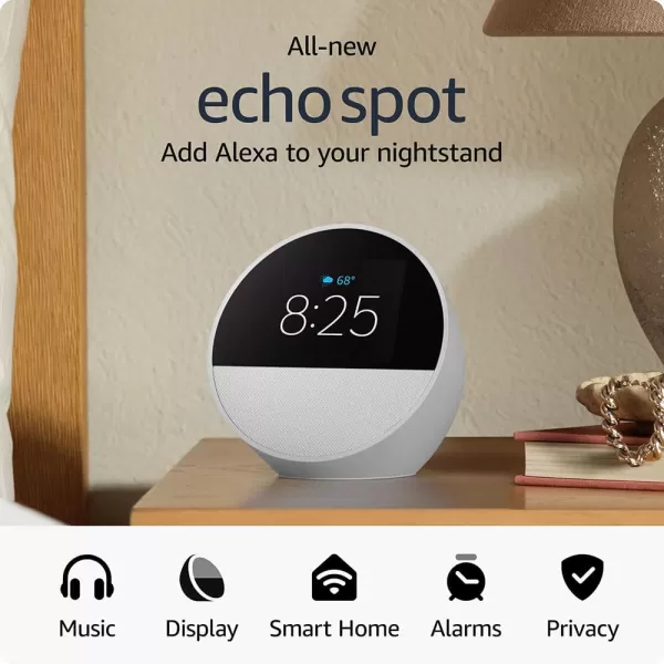 Allnew Amazon Echo Spot 2024 release Smart alarm clock for your nightstand  Alexa Ocean BlueGlacier White