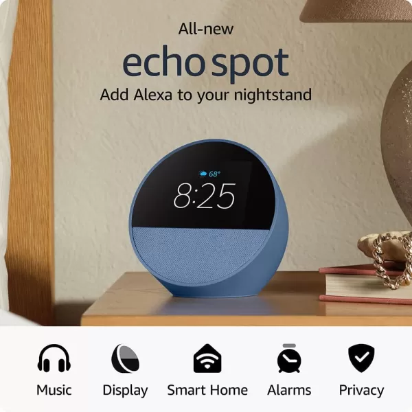 Allnew Amazon Echo Spot 2024 release Smart alarm clock for your nightstand  Alexa Ocean BlueOcean Blue