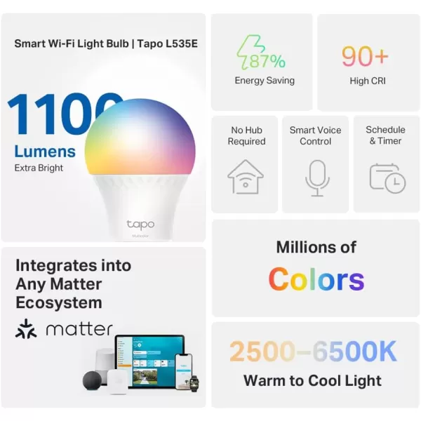Tapo TPLink Smart Light Bulbs 1100 Lumens High Brightness 75W Equivalent MatterCertified 16M Colors WiFi Light Bulb Dimmable Works wSiri Alexa ampamp Google Home A19 E26 L535E2PackMulticolor