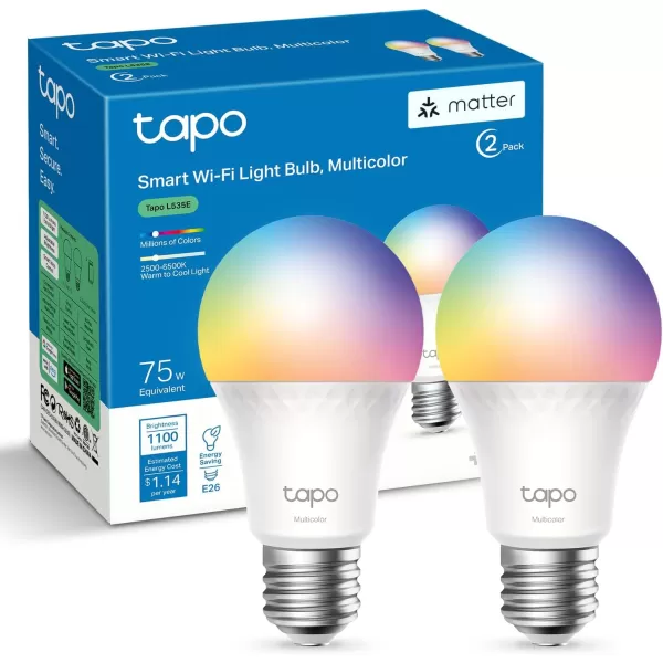Tapo TPLink Smart Light Bulbs 1100 Lumens High Brightness 75W Equivalent MatterCertified 16M Colors WiFi Light Bulb Dimmable Works wSiri Alexa ampamp Google Home A19 E26 L535E2PackMulticolor