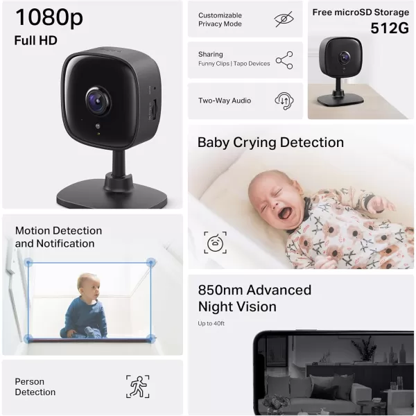 Tapo by TPLink 1080P Indoor Security Camera for Baby Monitor Pet Camera wMotion Detection 2Way Audio Night Vision Cloud ampamp SD Card Storage Works wAlexa ampamp Google Home Black C1014PackBlack