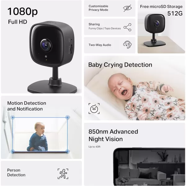 Tapo by TPLink 1080P Indoor Security Camera for Baby Monitor Pet Camera wMotion Detection 2Way Audio Night Vision Cloud ampamp SD Card Storage Works wAlexa ampamp Google Home Black C1014PackBlack