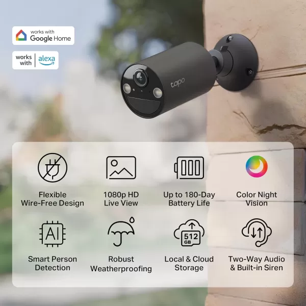 Tapo by TPLink Wireless Outdoor Security Camera 1080P Up to 180 Days Battery Life Free Person Detection SDCloud Storage Spotlight Color Night Vision Alarm No Hub Needed Black C403