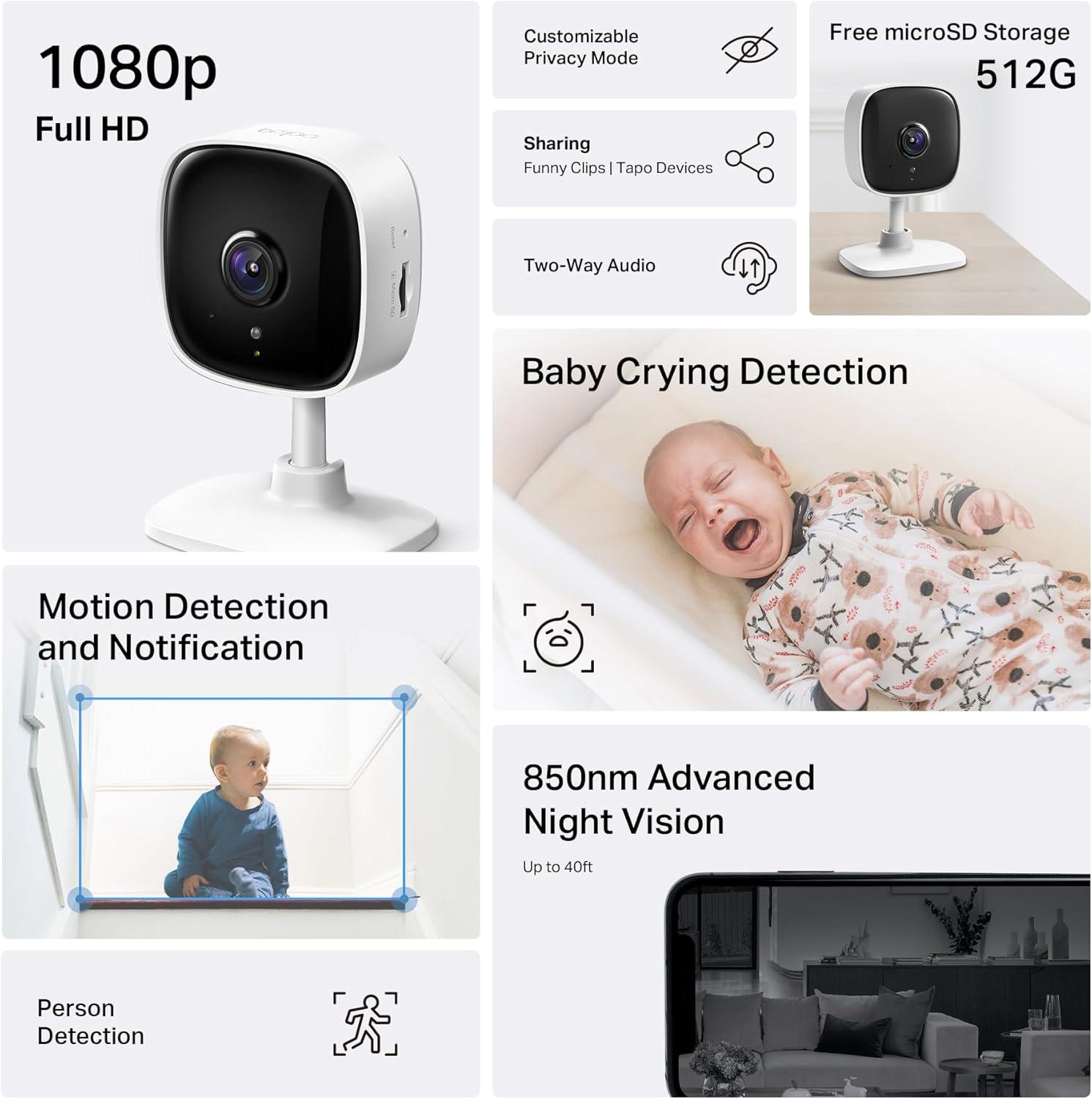 imageTapo 1080p IndoorOutdoor Security Camera  Free PersonMotionBaby Cry Detection Color Night Vision IP65 Weatherproof SDCloud Storage Works wAlexa ampamp Google Home HybridCamWhite