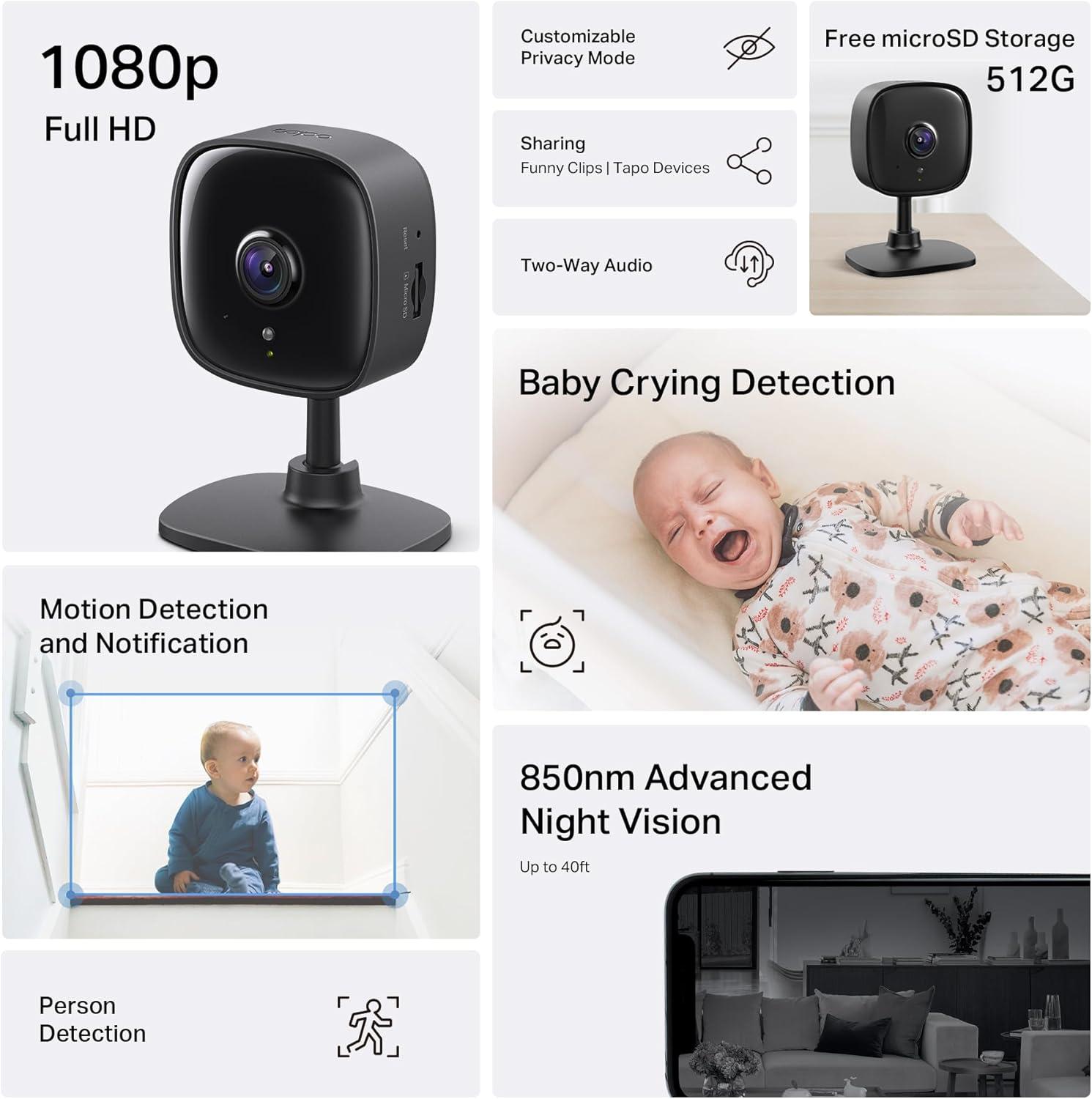 imageTapo 1080p IndoorOutdoor Security Camera  Free PersonMotionBaby Cry Detection Color Night Vision IP65 Weatherproof SDCloud Storage Works wAlexa ampamp Google Home HybridCamBlack