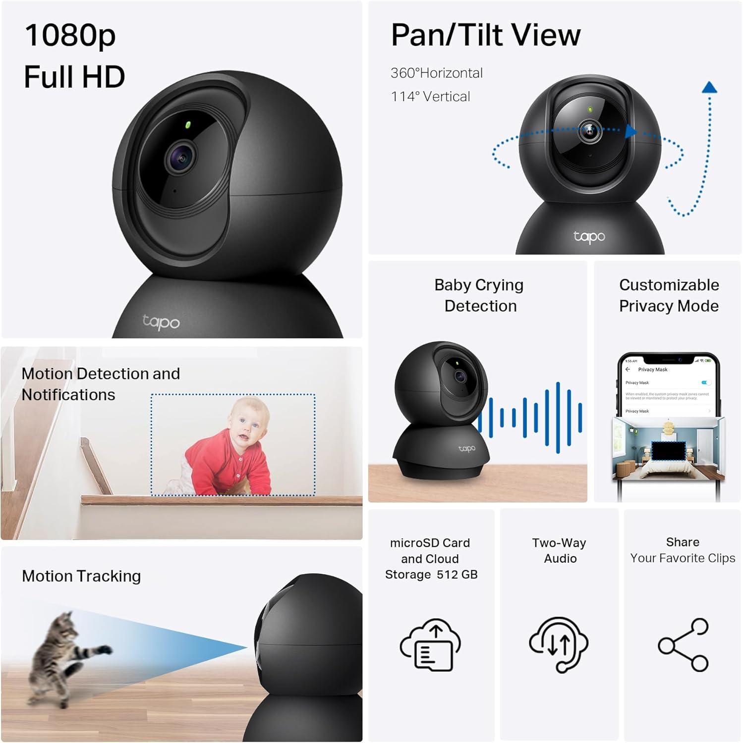 imageTapo 1080p PanTilt IndoorOutdoor Security Camera  Free PersonBaby Cry Detect ampamp Motion Track 360 Pan Color Night Vision SDCloud Storage Works wAlexa ampamp Google Home HybridCam 360Black