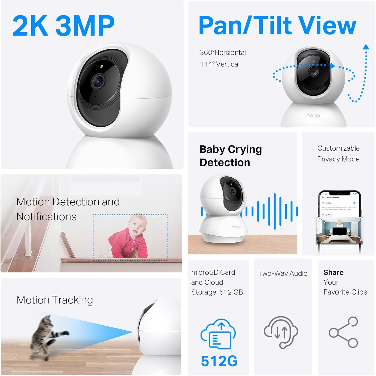 imageTapo 2K 3MP PanTilt IndoorOutdoor Security Camera  Free PersonBaby Cry Detect ampamp Motion Track 360 Pan Color Night Vision SDCloud Storage Works wAlexa ampamp Google Home HybridCam 360White