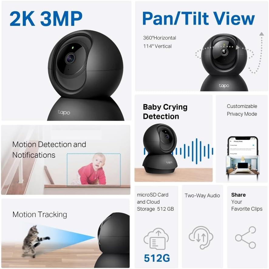 imageTapo 2K 3MP PanTilt IndoorOutdoor Security Camera  Free PersonBaby Cry Detect ampamp Motion Track 360 Pan Color Night Vision SDCloud Storage Works wAlexa ampamp Google Home HybridCam 360Black