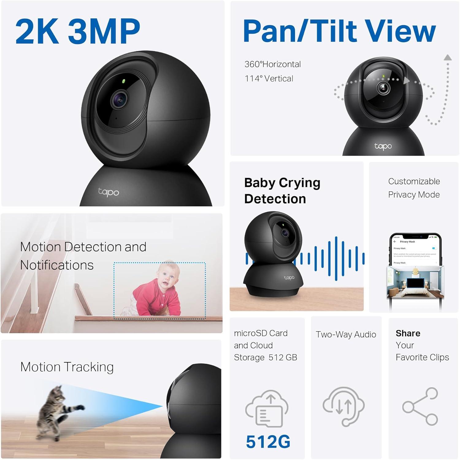 imageTapo 2K 3MP PanTilt IndoorOutdoor Security Camera  Free PersonBaby Cry Detect ampamp Motion Track 360 Pan Color Night Vision SDCloud Storage Works wAlexa ampamp Google Home HybridCam 360Black