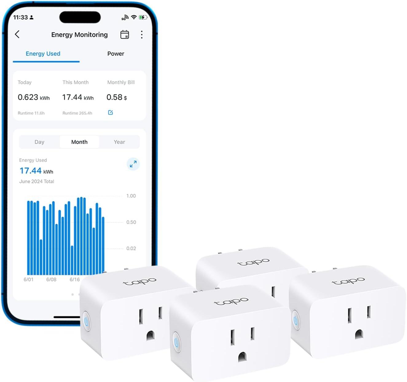 imageTPLink Tapo Smart Plug Mini Matter Compatible Compatible with Alexa Google Home ampamp Samsung SmartThings Energy Monitoring 15A UL Certified 24G WiFi Only Tapo P110M4PackAlexa Compatible