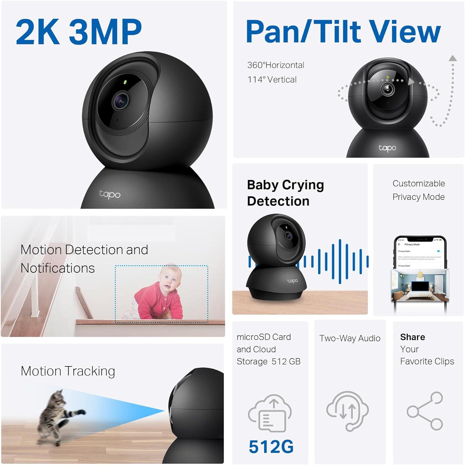 imageTapo 2K 3MP PanTilt IndoorOutdoor Security Camera  Free PersonBaby Cry Detect ampamp Motion Track 360 Pan Color Night Vision SDCloud Storage Works wAlexa ampamp Google Home HybridCam 360 2PackBlack