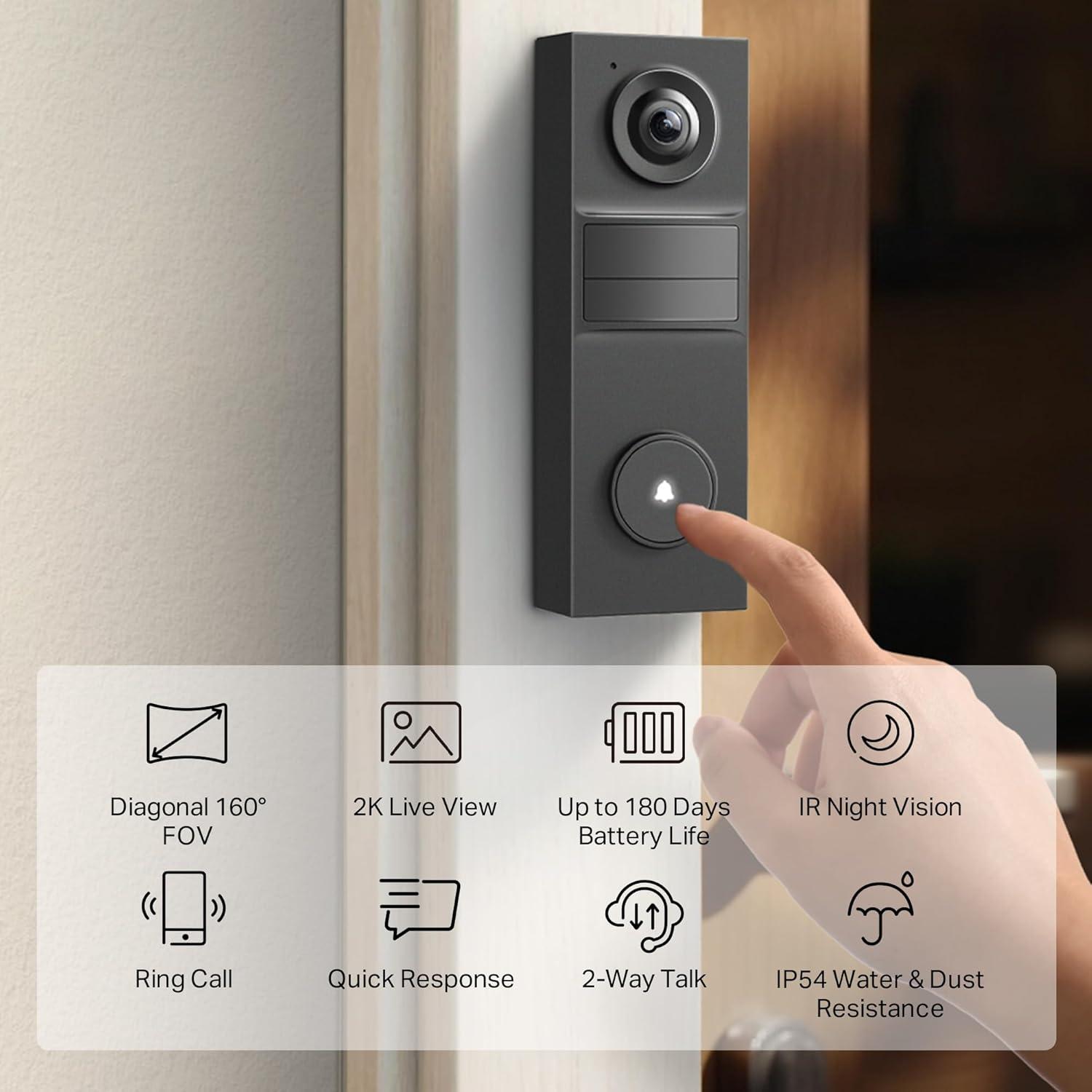imageTapo Smart Video Wireless Doorbell Camera Mini  2K 160 UltraWide View Up to 180 Days Battery HomeKit Alexa Google Assistant Compatible Free AI Person Detection IP54 SDCloud Storage D205Battery Powered  Doorbell only