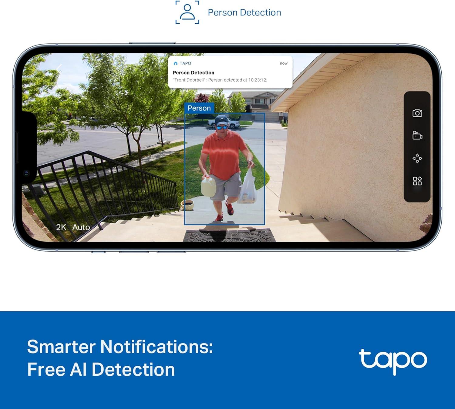 imageTapo Smart Video Wireless Doorbell Camera Mini  2K 160 UltraWide View Up to 180 Days Battery HomeKit Alexa Google Assistant Compatible Free AI Person Detection IP54 SDCloud Storage D205Battery Powered  Doorbell only