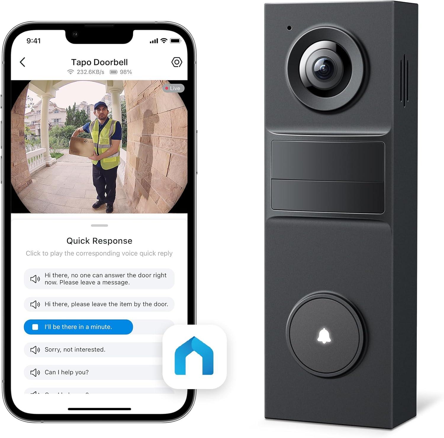 imageTapo Smart Video Wireless Doorbell Camera Mini  2K 160 UltraWide View Up to 180 Days Battery HomeKit Alexa Google Assistant Compatible Free AI Person Detection IP54 SDCloud Storage D205Battery Powered  Doorbell only