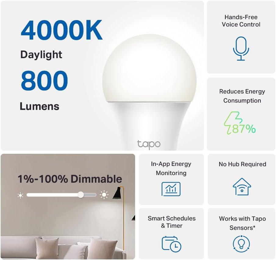 imageTapo TPLink Smart Light Bulbs  Natural Daylight Dimmable Compatible wAlexa and Google Home A60 BulbE27 Base 60W Equivalent 800LM CRIampgt90 24GHz WiFi Only No Hub Required L520E4Pack800lm 4000k Daylight White