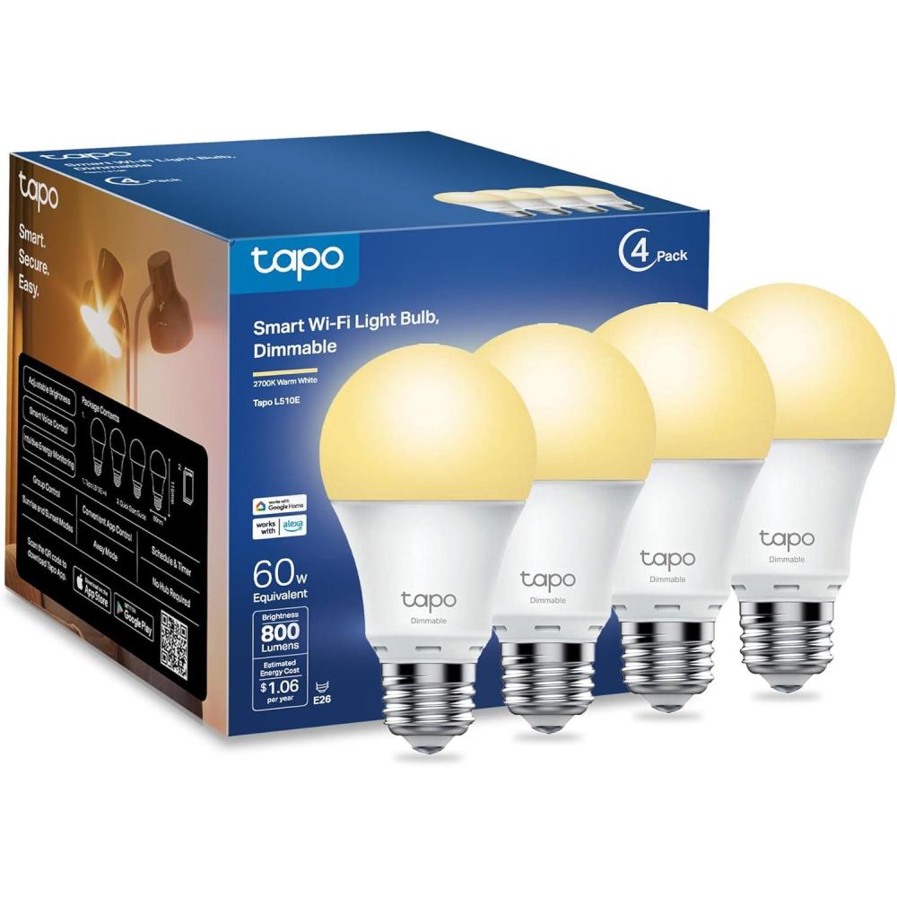 imageTapo TPLink Smart Light Bulbs  Natural Daylight Dimmable Compatible wAlexa and Google Home A60 BulbE27 Base 60W Equivalent 800LM CRIampgt90 24GHz WiFi Only No Hub Required L520E4Pack800lm 2700k Warm White