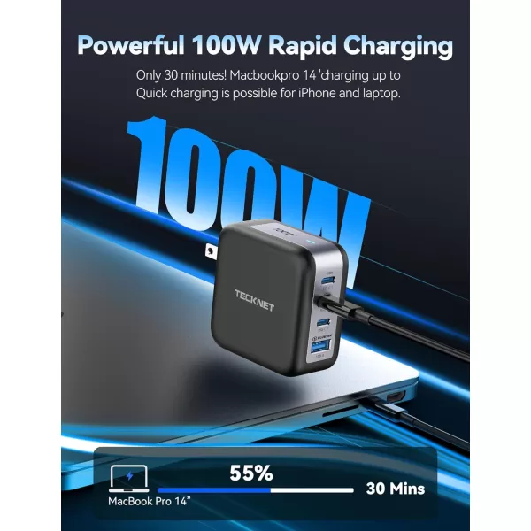 TECKNET 100W USB C Wall Charger GaN  Portable USBC Fast Charger Block with Type C Cable PD Power Adapter for iPhone 1515 Pro MacBook Pro iPad AirPods Dell XPS Pixel Samsung PS5 SwitchFrosted Black