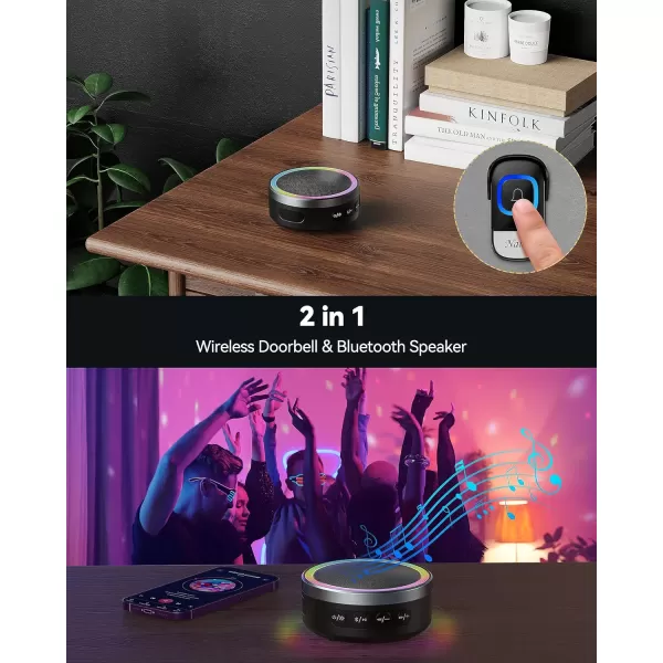 TECKNET 2 in 1 Wireless Doorbell with Bluetooth Speaker Portable Doorbell with RGB Light IP66 WaterProof Wireless Door Bell 0100dB Bluetooth Speaker with Stereo Soundblack