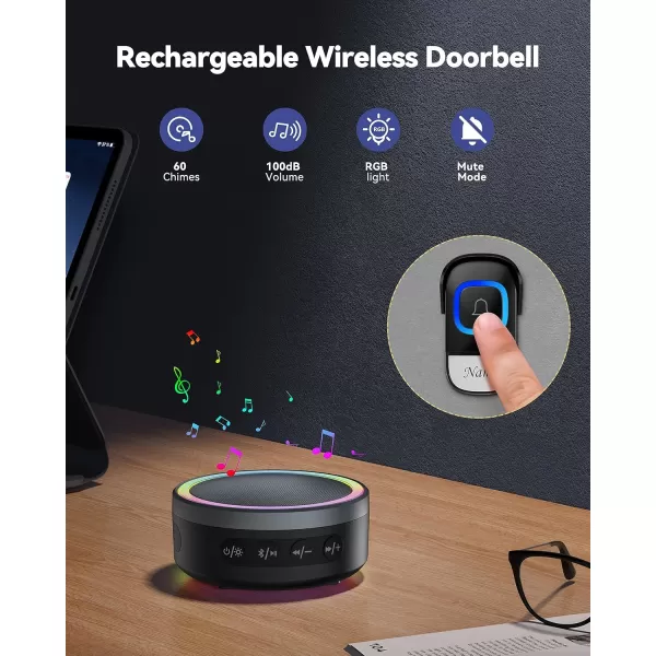 TECKNET 2 in 1 Wireless Doorbell with Bluetooth Speaker Portable Doorbell with RGB Light IP66 WaterProof Wireless Door Bell 0100dB Bluetooth Speaker with Stereo Soundblack