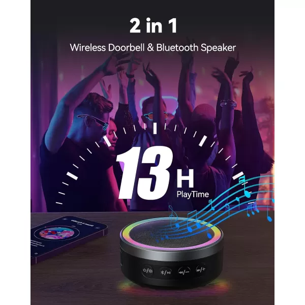TECKNET 2 in 1 Wireless Doorbell with Bluetooth Speaker Portable Doorbell with RGB Light IP66 WaterProof Wireless Door Bell 0100dB Bluetooth Speaker with Stereo Soundblack